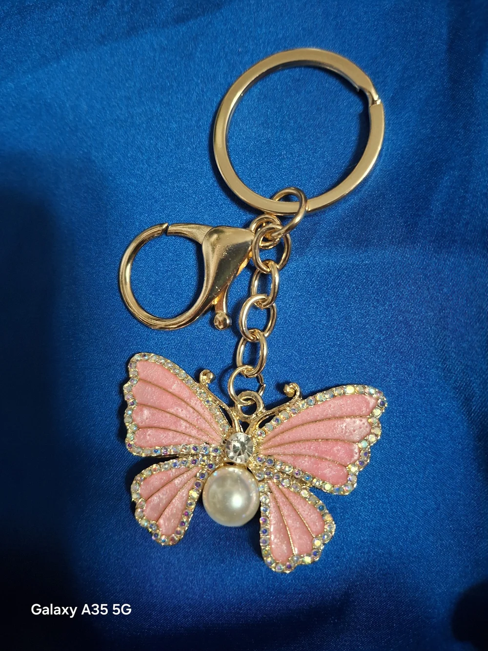 Gold Butterfly Keychain with Pink Enamel and Pearl Accent